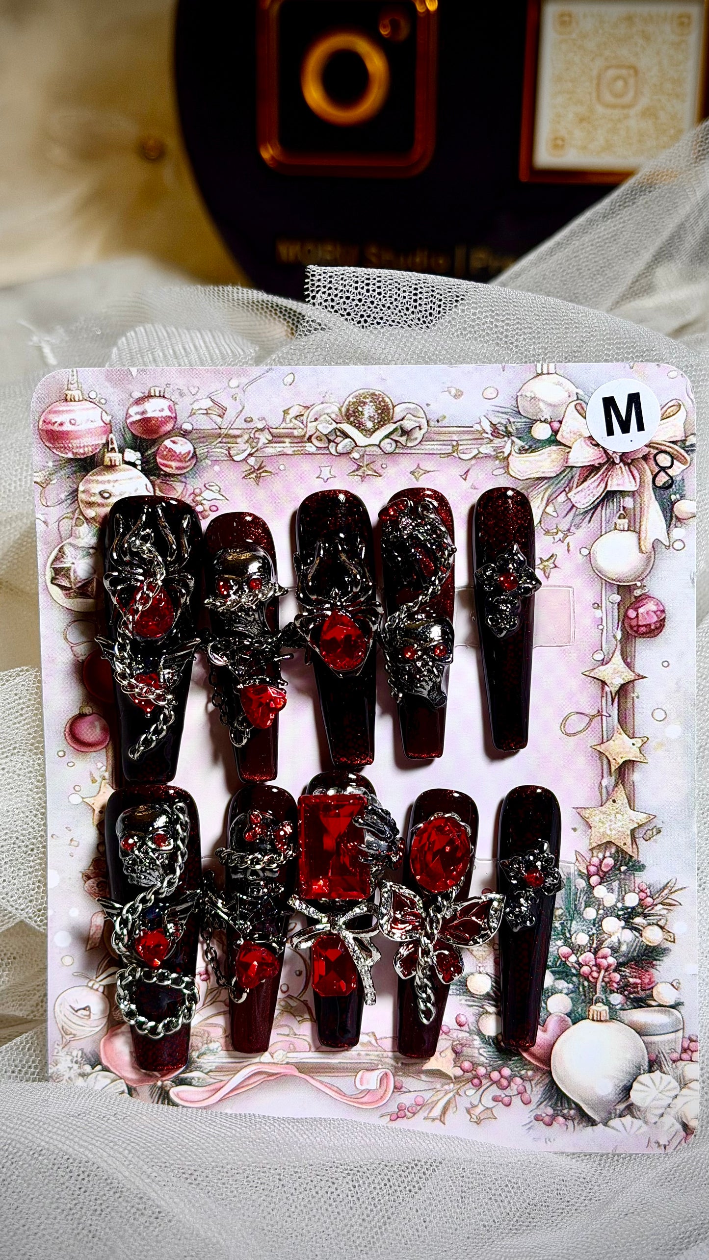 Gothic Skull Chain Red Jewel Press On Nails M/L