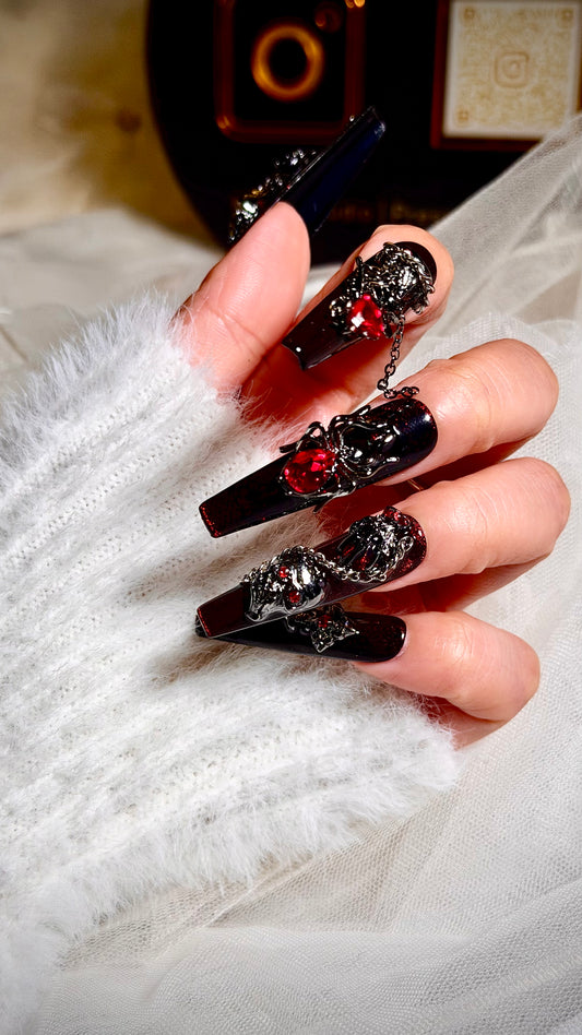Gothic Skull Chain Red Jewel Press On Nails M/L