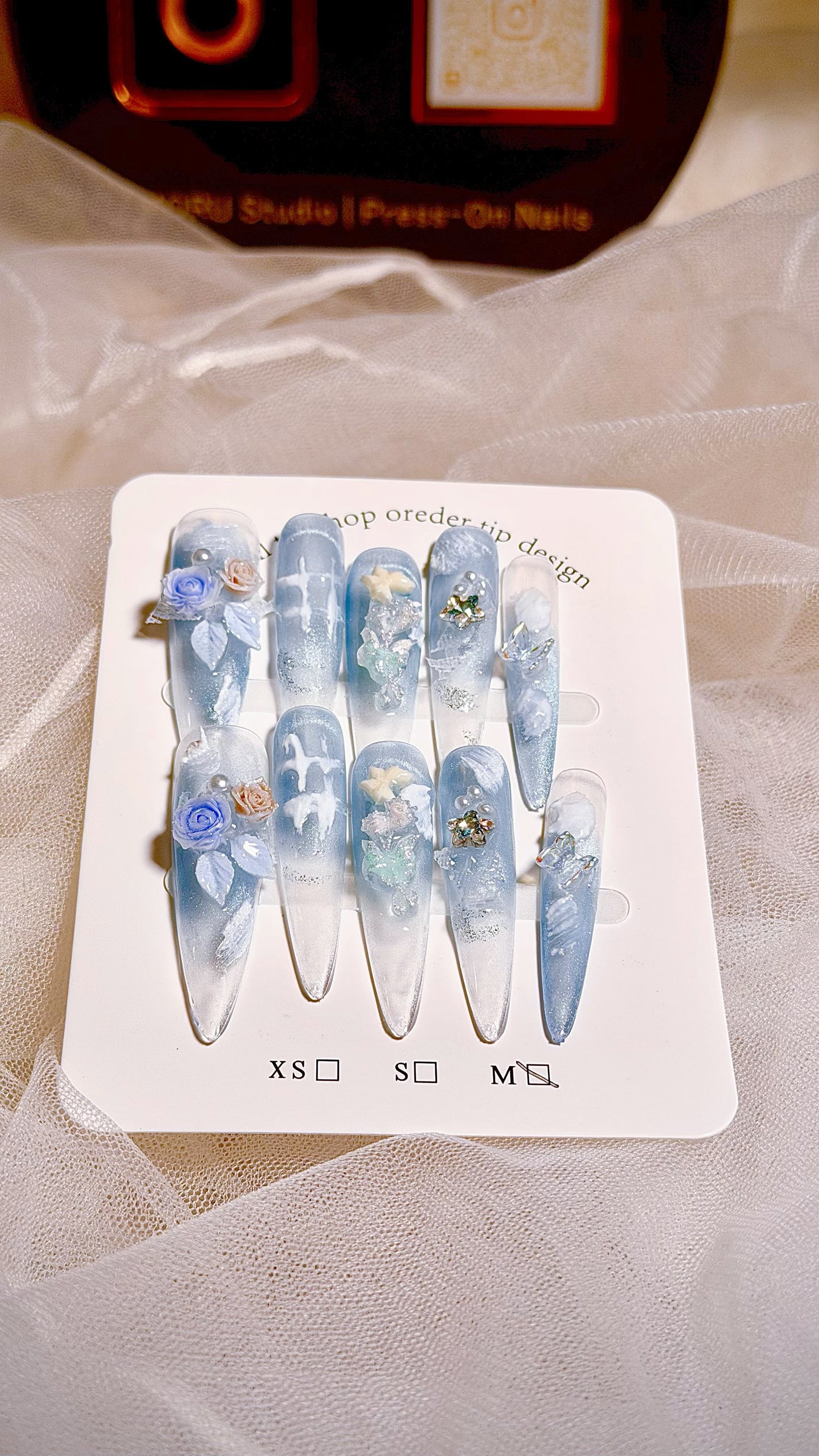 Blue Floral 3D Press-On Nails