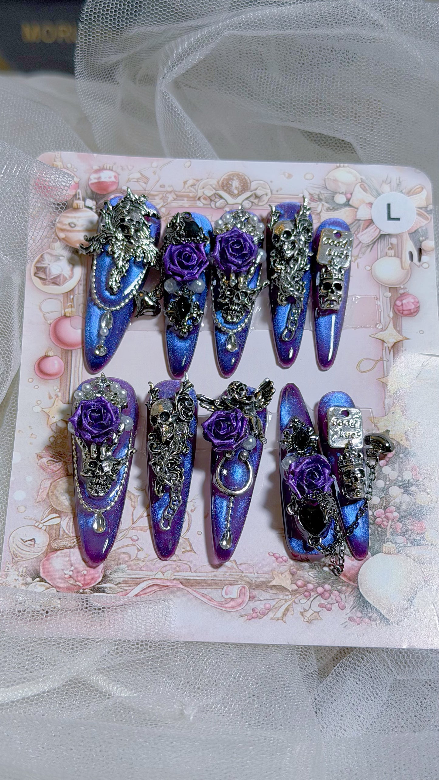 Purple Chrome Floral Press On Nails