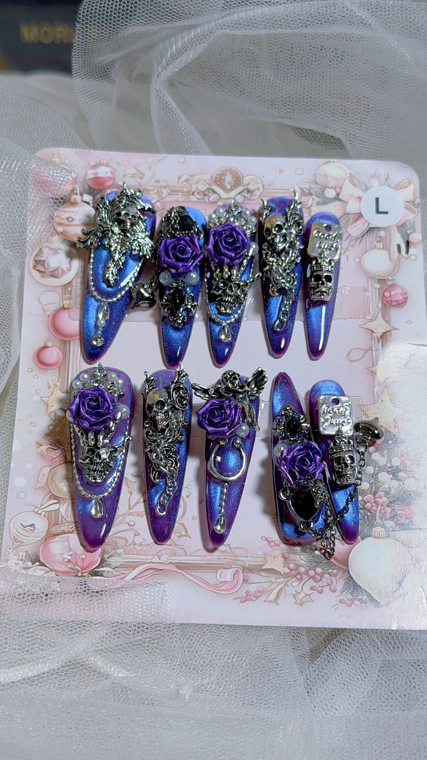 Purple Chrome Floral Press On Nails