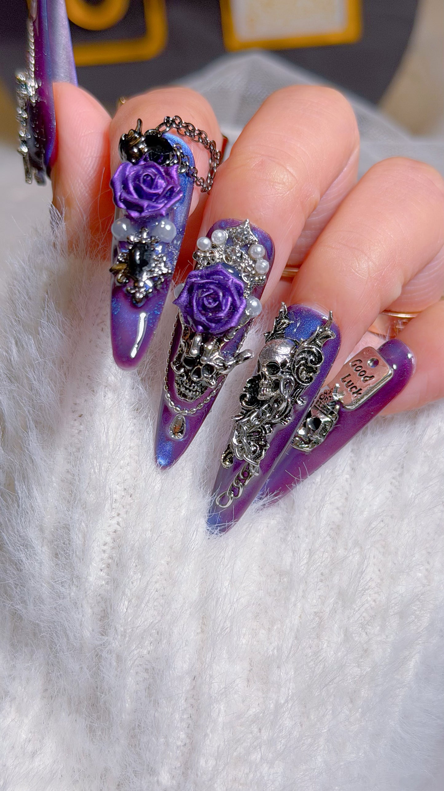 Purple Chrome Floral Press On Nails