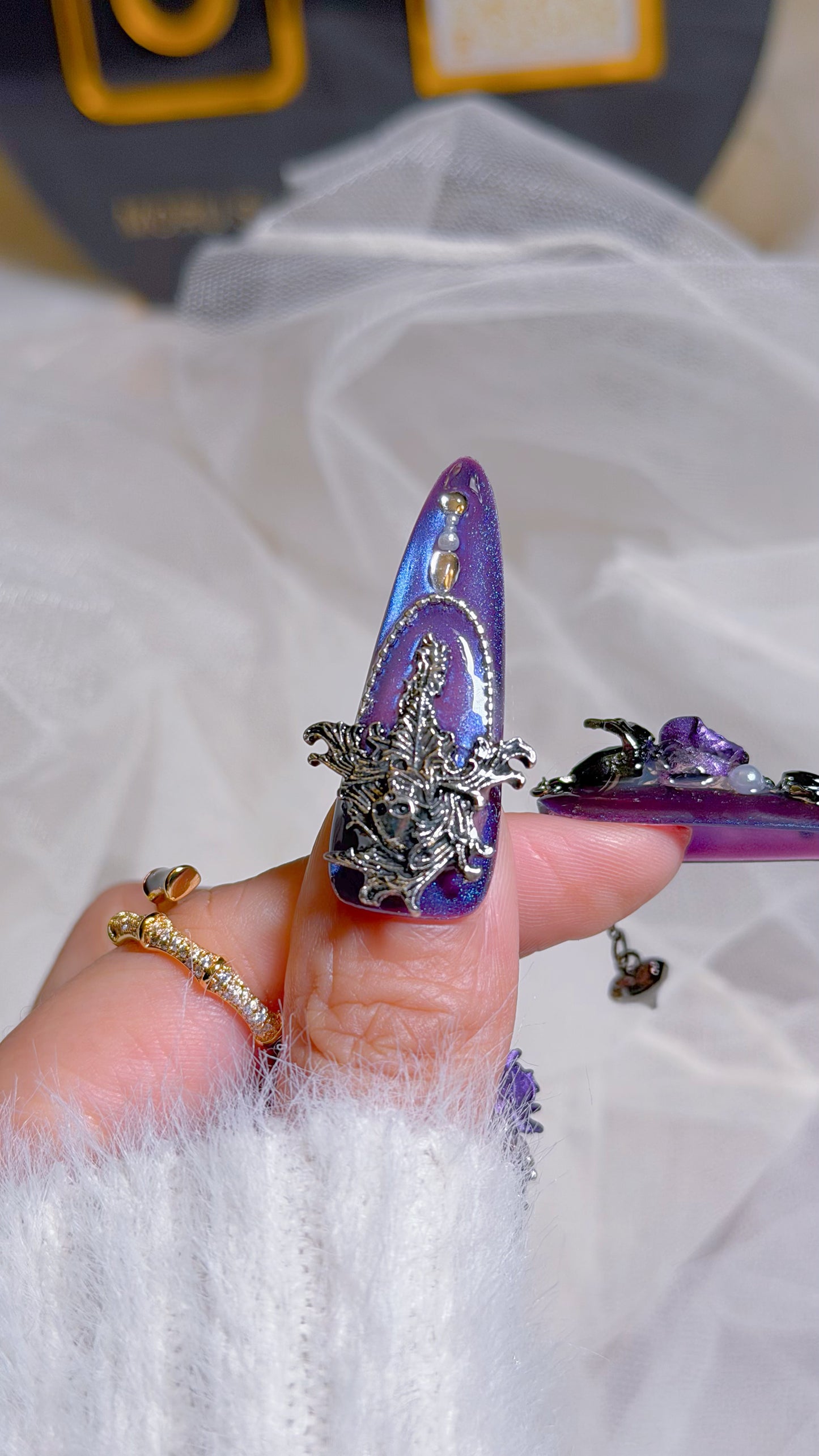 Purple Chrome Floral Press On Nails