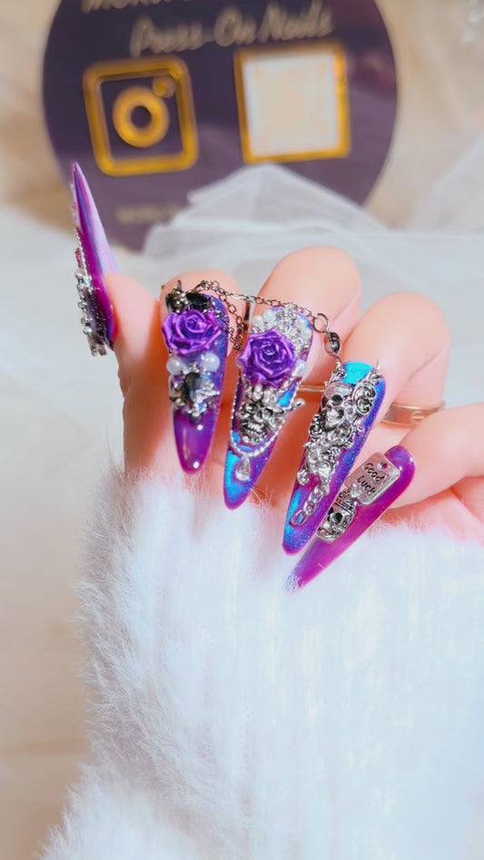 Purple Chrome Floral Press On Nails